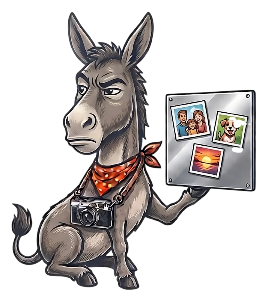 SnapDonkey donkey mascot holding a metal board with photo magnets of a family, a dog, and a sunset
